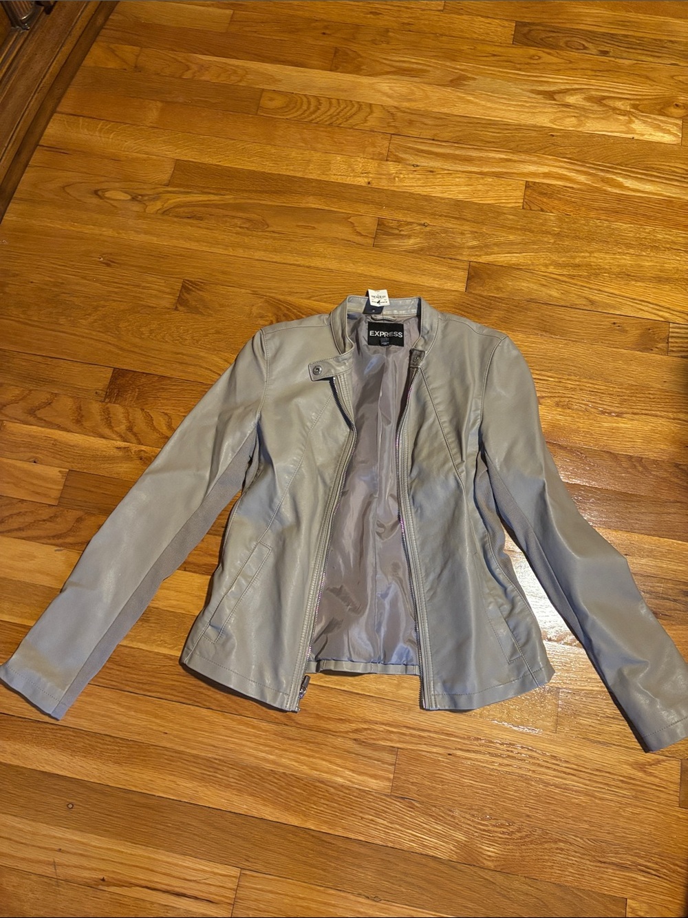 Express Women’s Light Gray Faux Leather Moto Jacket